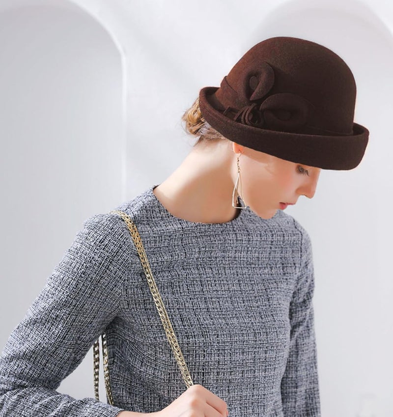 ORIDOOR Women Vintage Wool Felt Flowers Bucket Cloche Bowler Hat Church Wedding Dress Fascinator Hat Winter Felt Fedoras - Image 3
